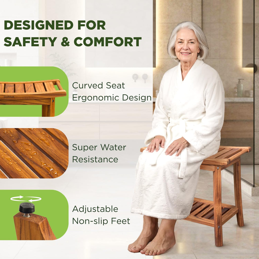 22" Teak Wood Shower Bench with Shelf & Handles C54059
