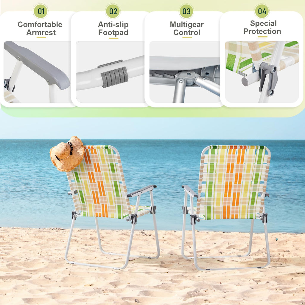Set of 2 Webbed Folding Beach Chairs Yellow & Green I78898