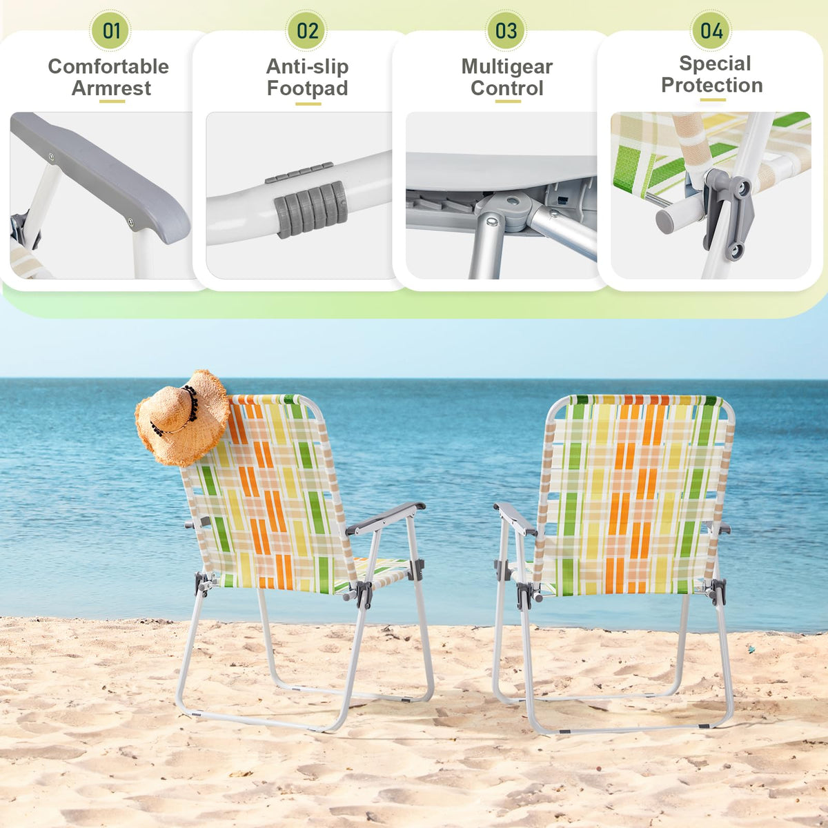 Set of 2 Webbed Folding Beach Chairs Yellow & Green I78898
