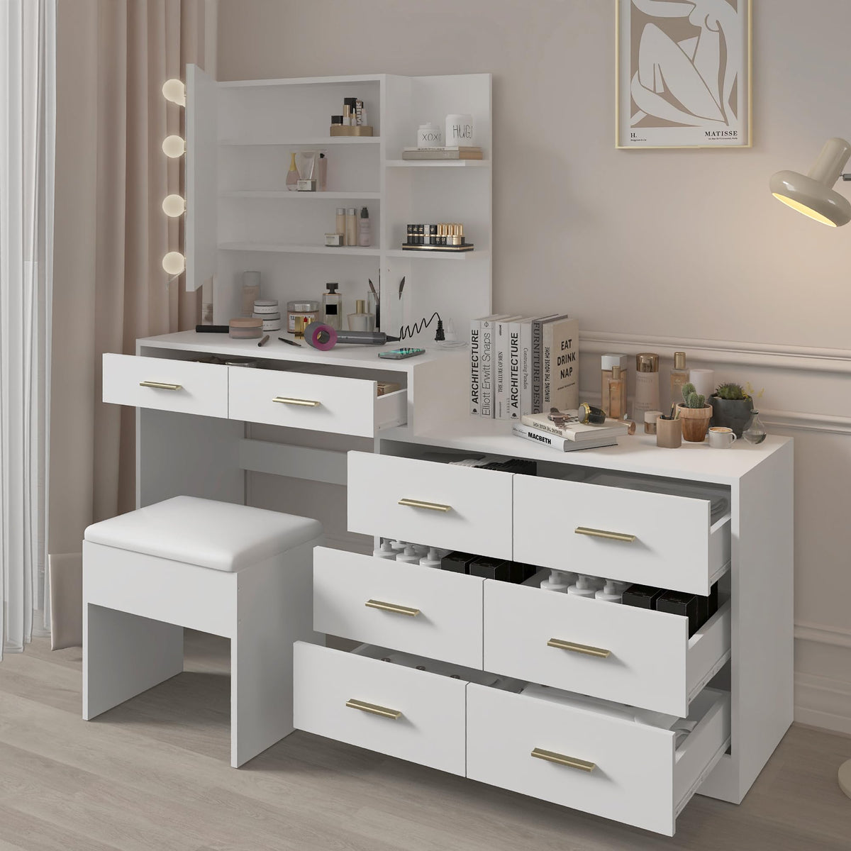 White Makeup Vanity Desk Set with 8 Drawers L268