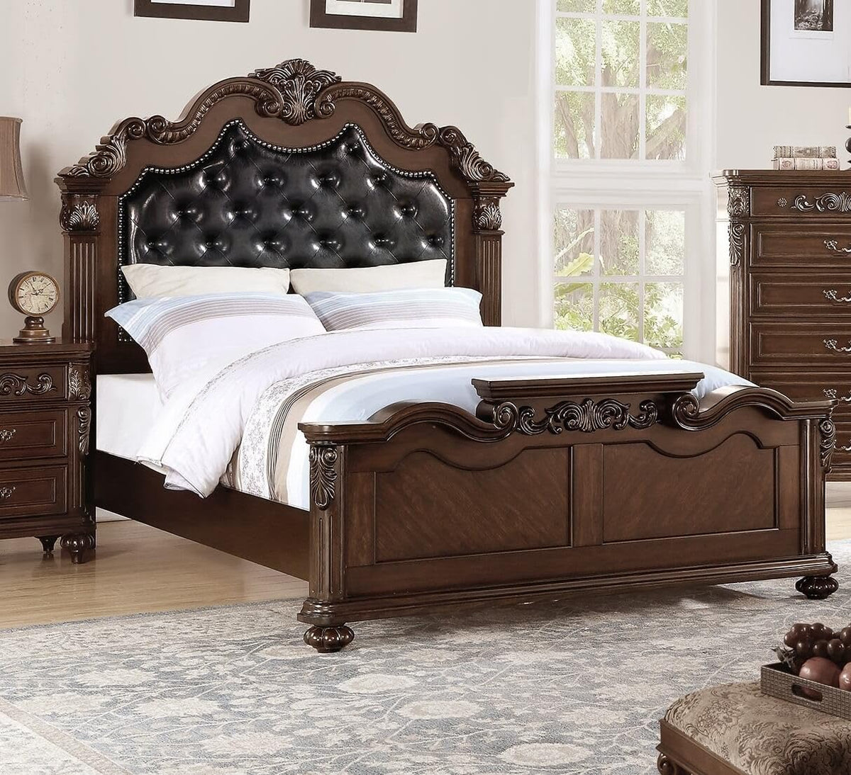 California King Faux Leather Tufted Cherry Wood Sleigh Bed Frame M8682