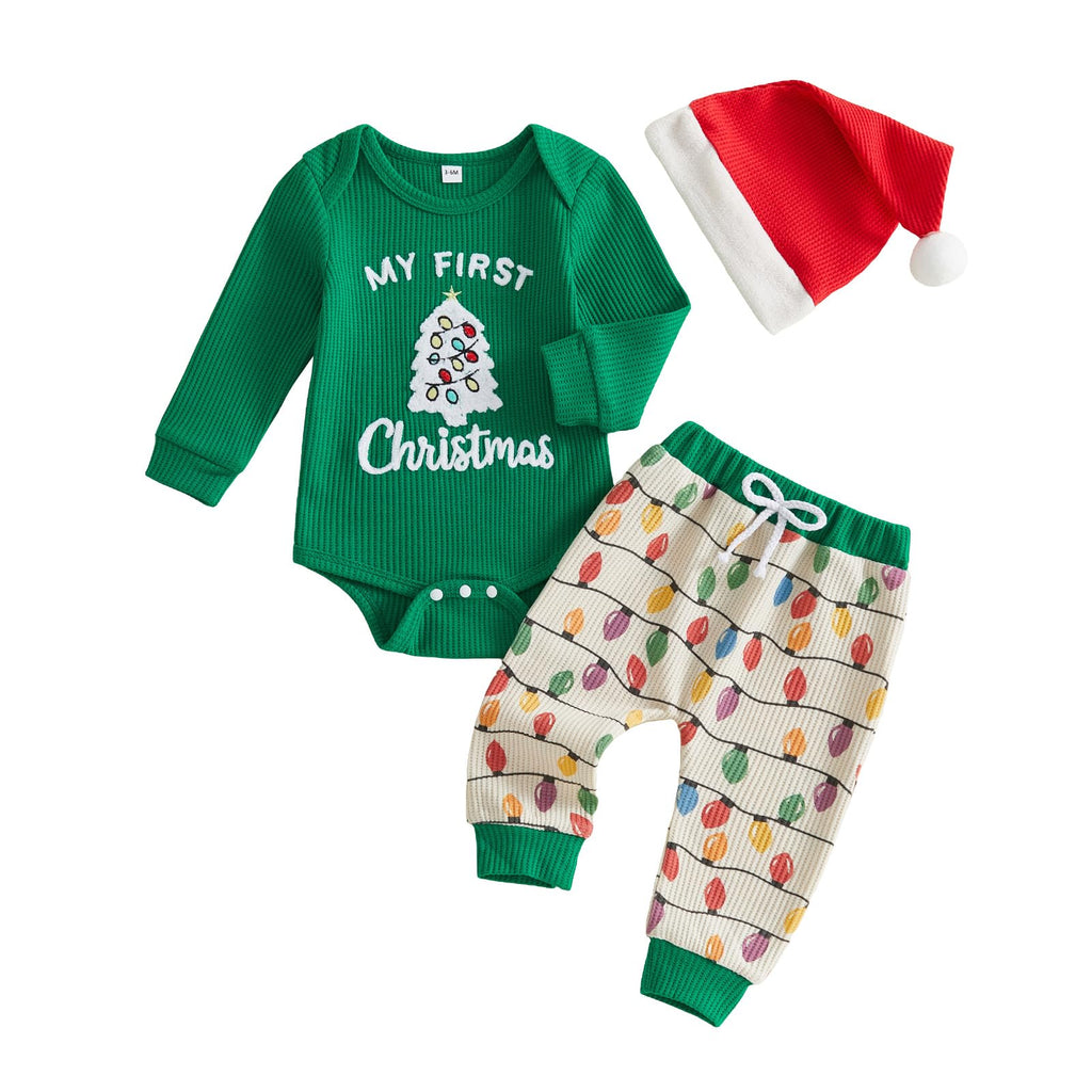 Christmas Baby Boy Outfit Romper Pants Hat Set 0-12M H103654