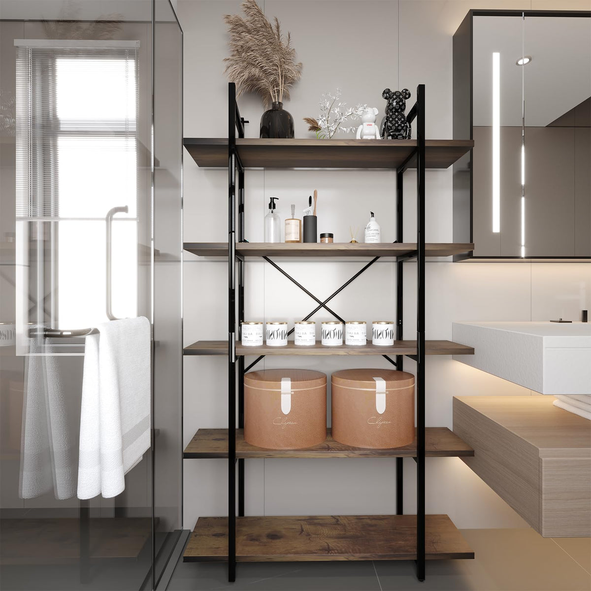 5 Tiers Rustic Brown and Metal Bookshelf H474890