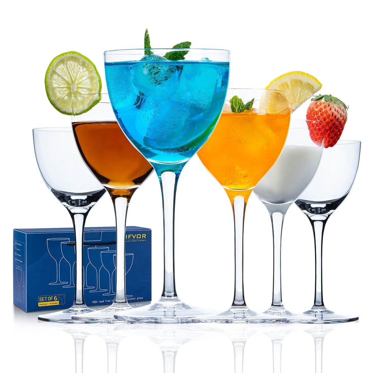 6oz Hand Blown Lead-Free Crystal Martini Glasses Set of 6 I74577