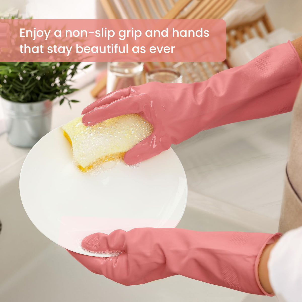 4 Pairs Reusable Rubber Cleaning Gloves with Flocked Lining and Non-Slip Grip P886