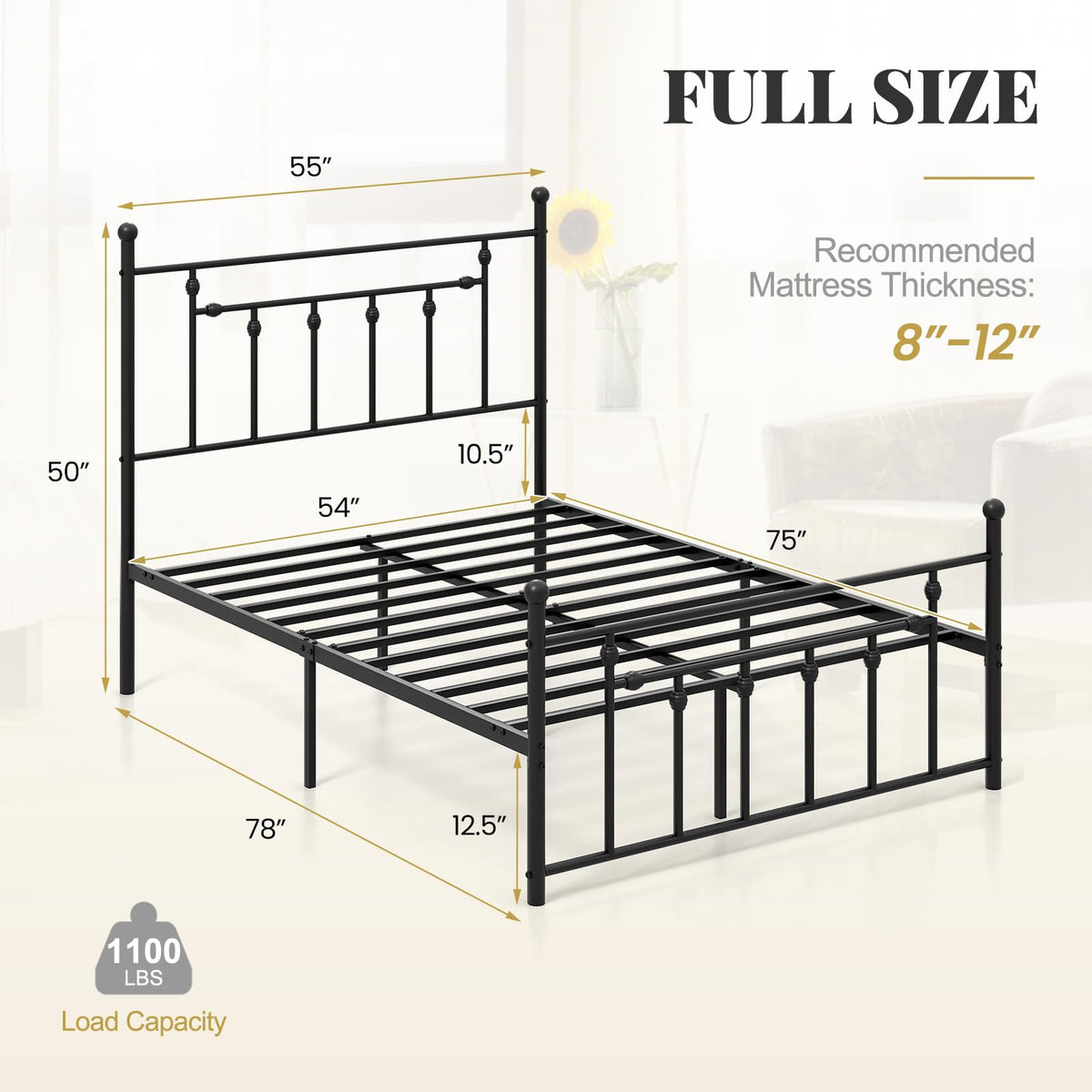 Black Full Size Metal Bed Frame with Headboard & Footboard P1784