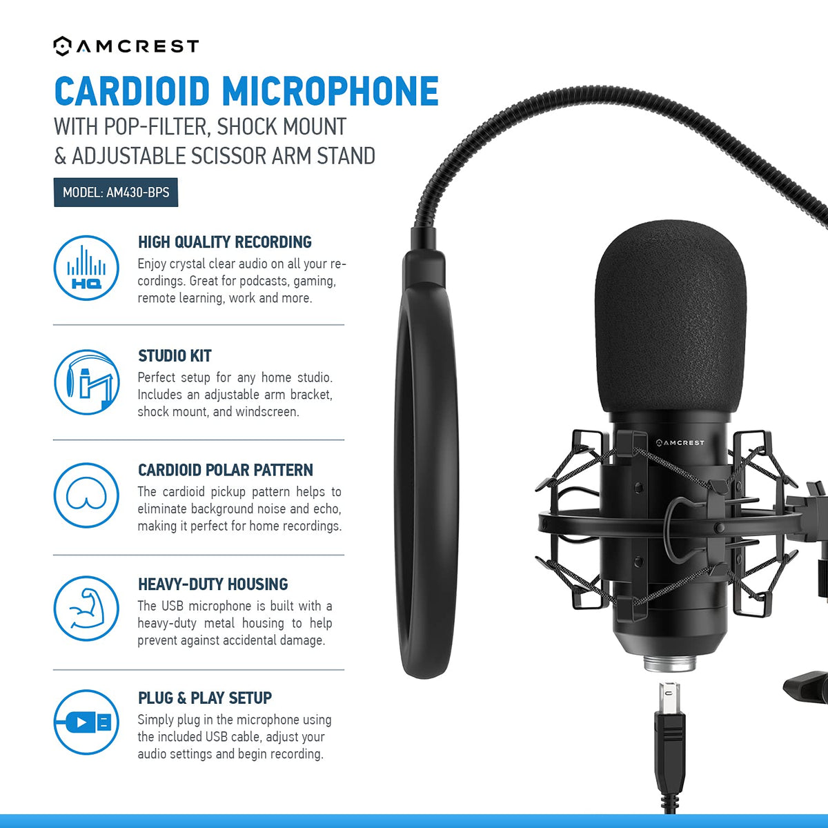 USB Microphone with Boom Arm, Pop-Filter, Shock Mount I219255