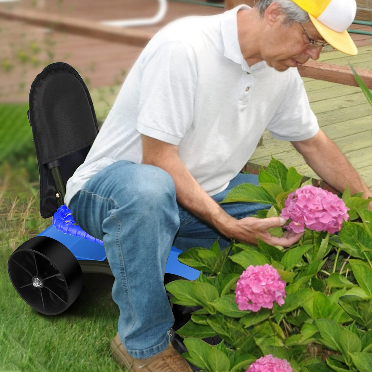 Blue Rolling Garden Cart with Four Wheels and Tool Bag Z512