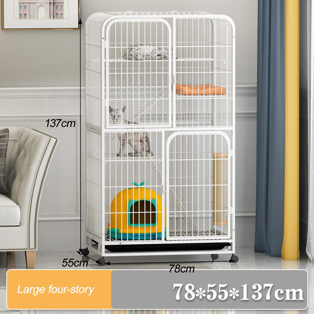 3-Tier Metal Wire Cat Cage with Hammock and Casters S23793