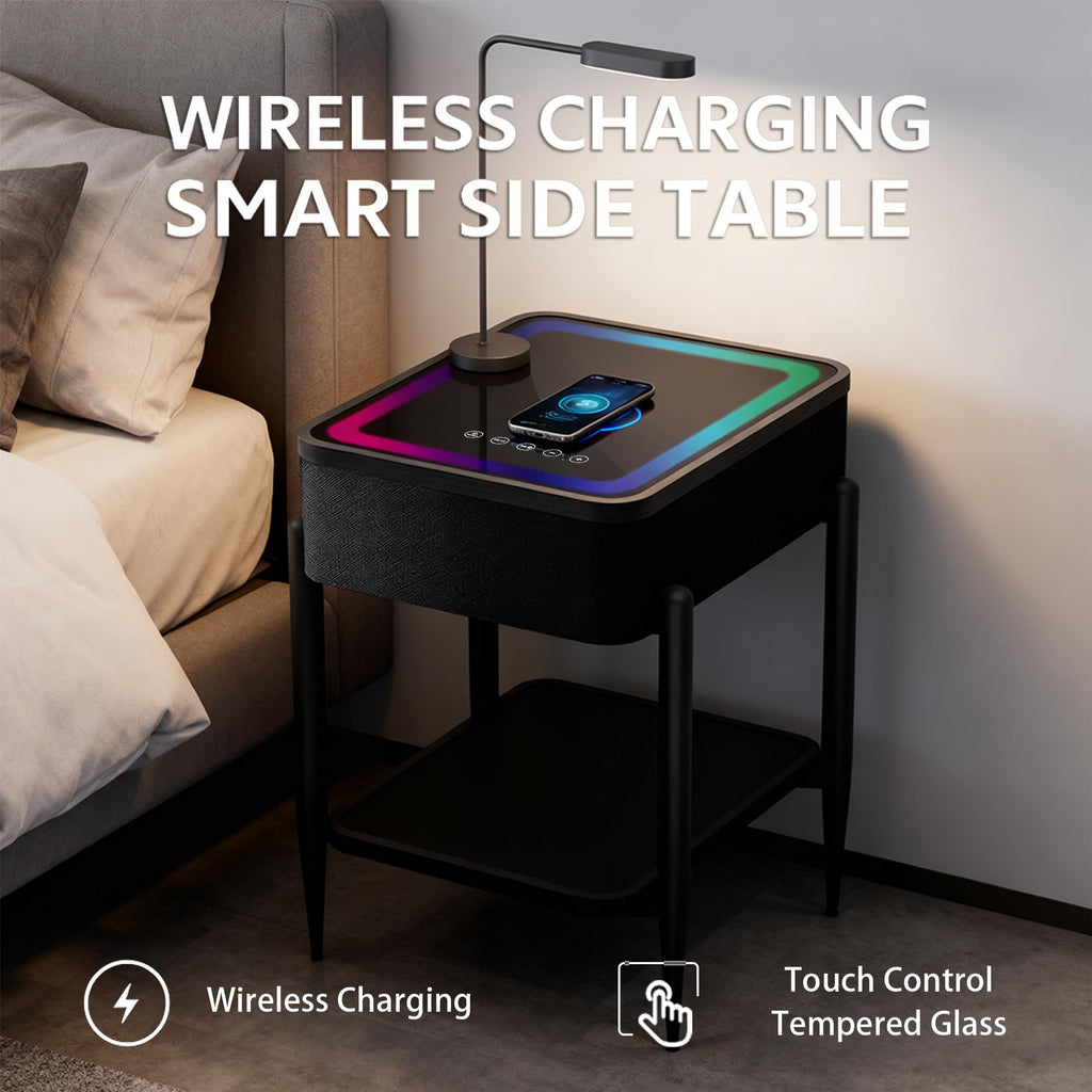 Black LED Smart Nightstand with Bluetooth Speaker & Wireless Charging S562296