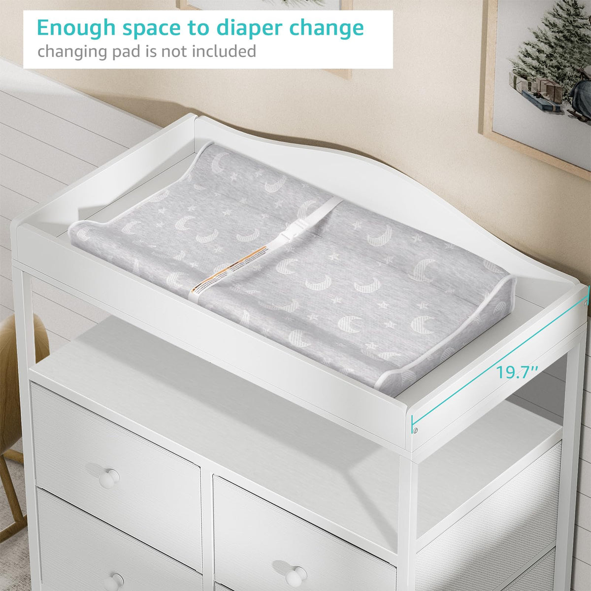 White Changing Table Dresser with 4 Fabric Drawers and Open Shelf X3576