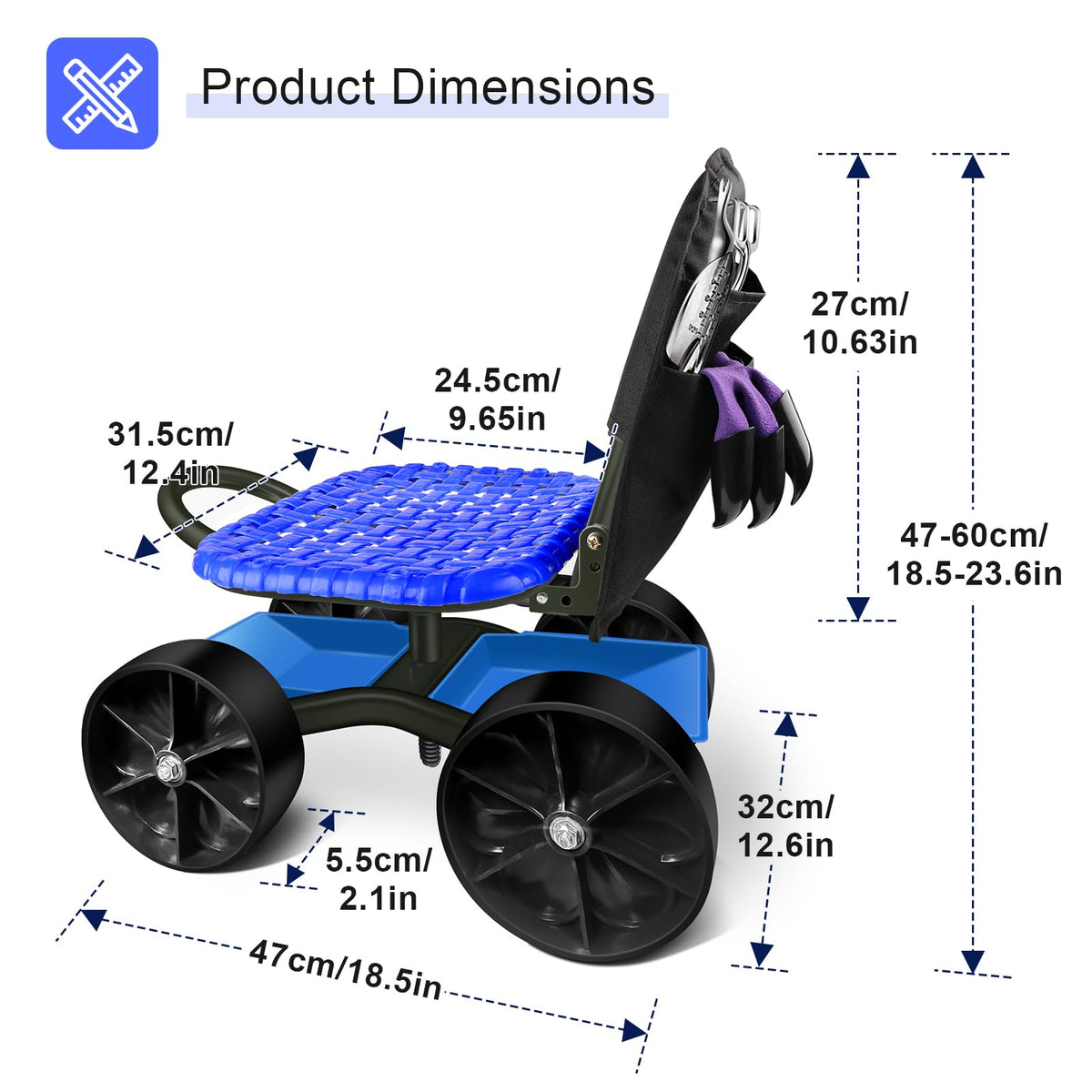 Blue Rolling Garden Cart with Four Wheels and Tool Bag Z512