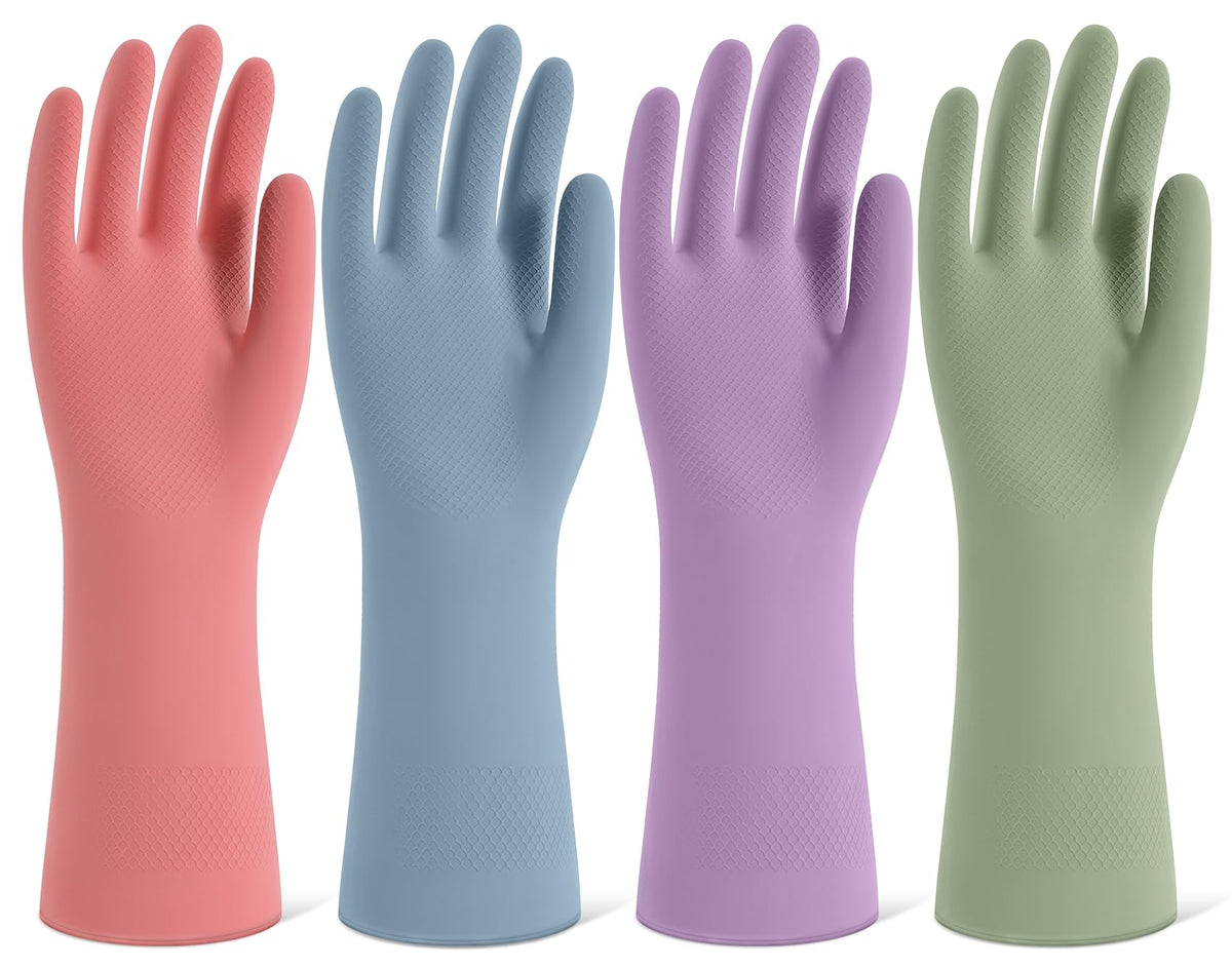 4 Pairs Reusable Rubber Cleaning Gloves with Flocked Lining and Non-Slip Grip P886