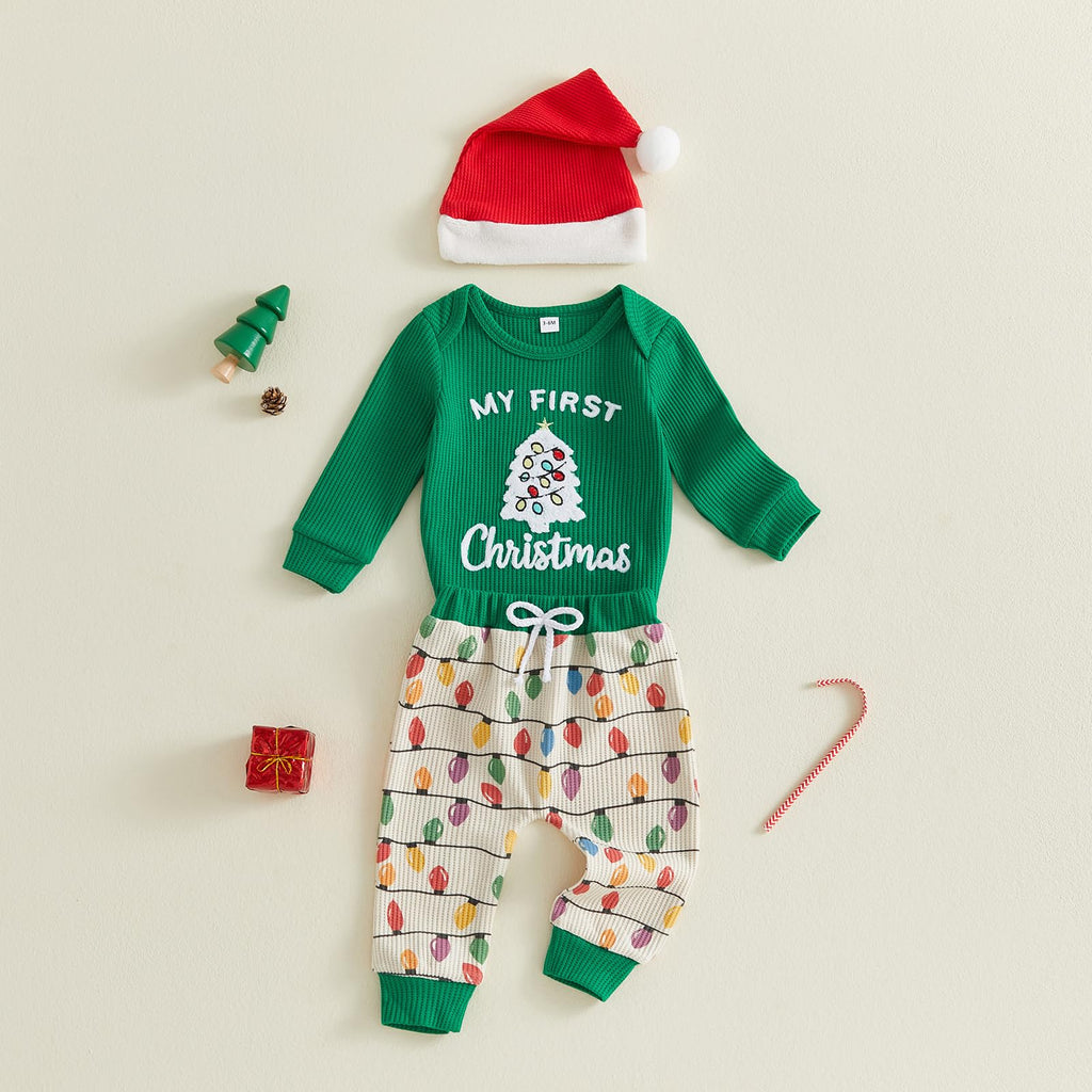 Christmas Baby Boy Outfit Romper Pants Hat Set 0-12M H103654