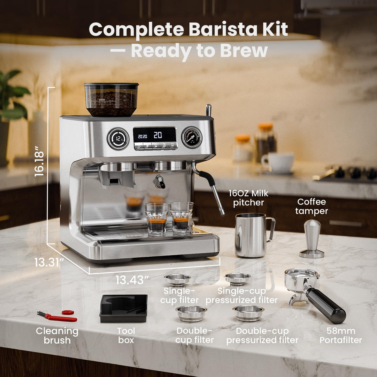 20 Bar Dual Boiler Espresso Machine with Grinder & Milk Steamer V469