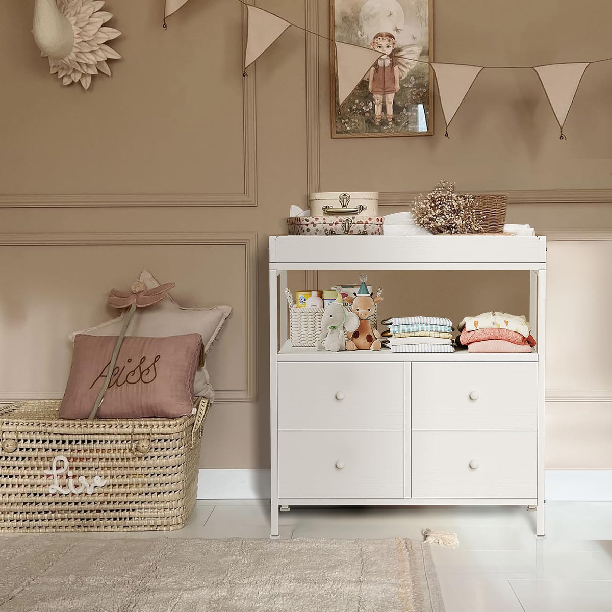 White Changing Table Dresser with 4 Fabric Drawers and Open Shelf X3576