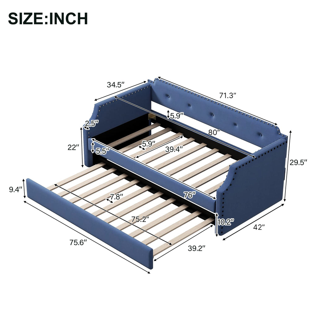 Blue Linen Upholstered Daybed with Trundle Twin Size Z259