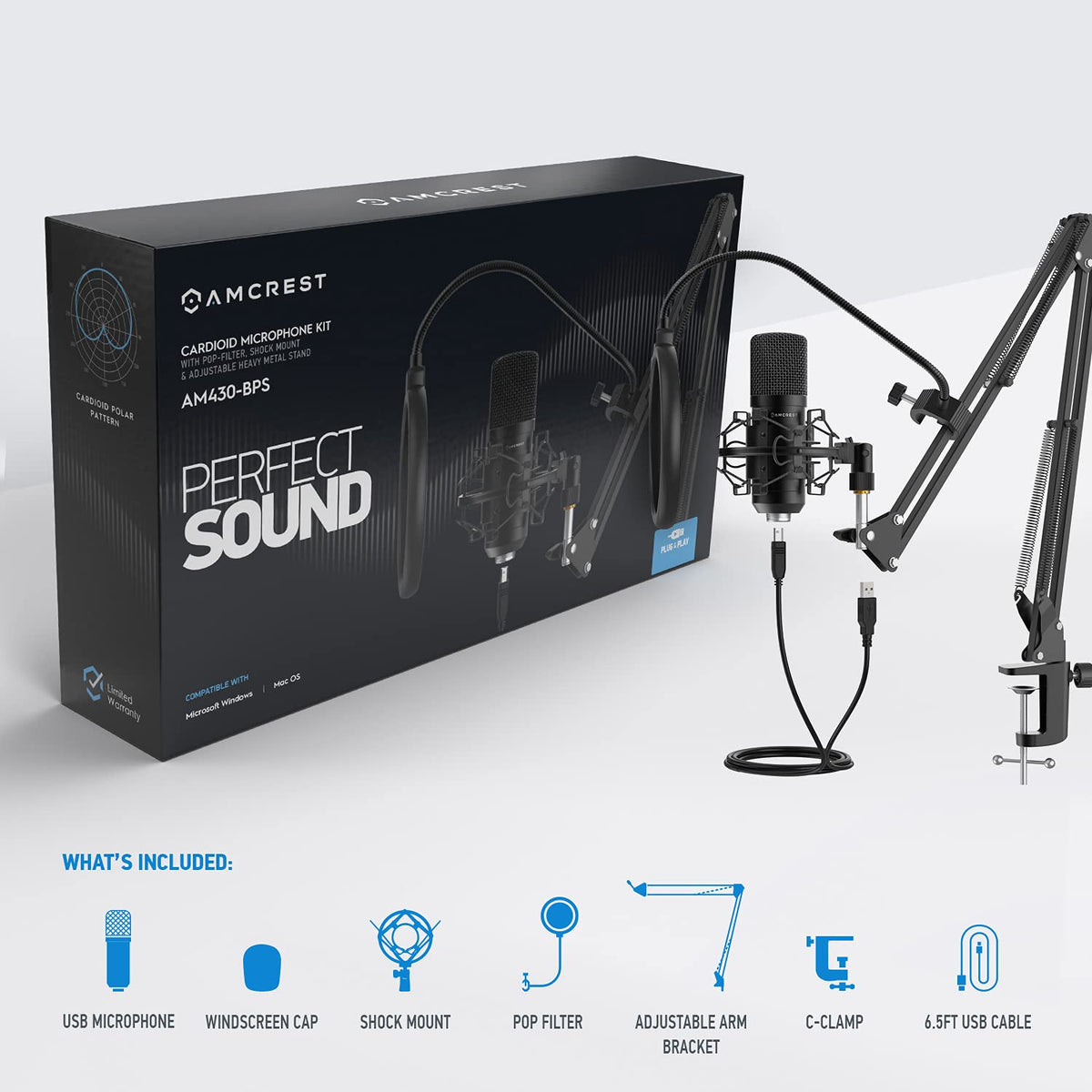 USB Microphone with Boom Arm, Pop-Filter, Shock Mount I219255