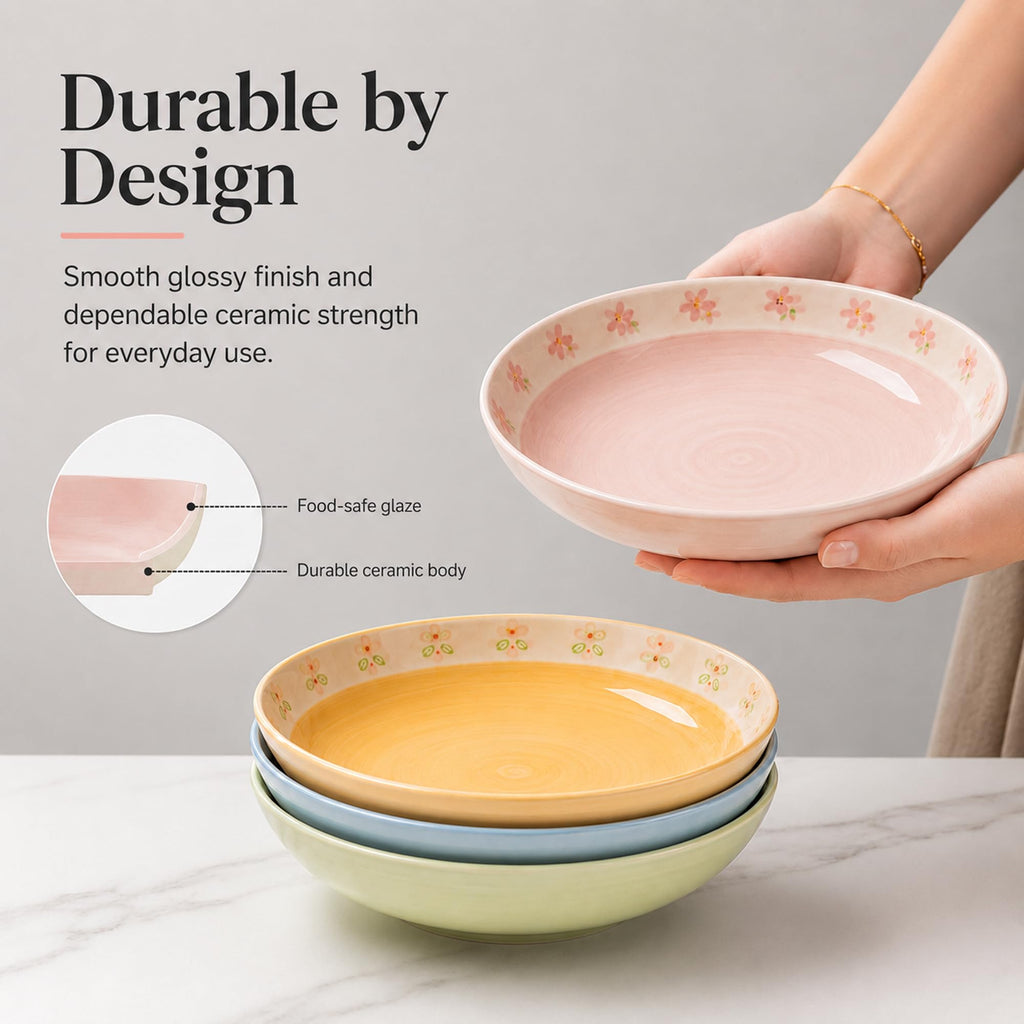 Hand-Painted Floral Ceramic Pasta Bowls Set of 4 A3982