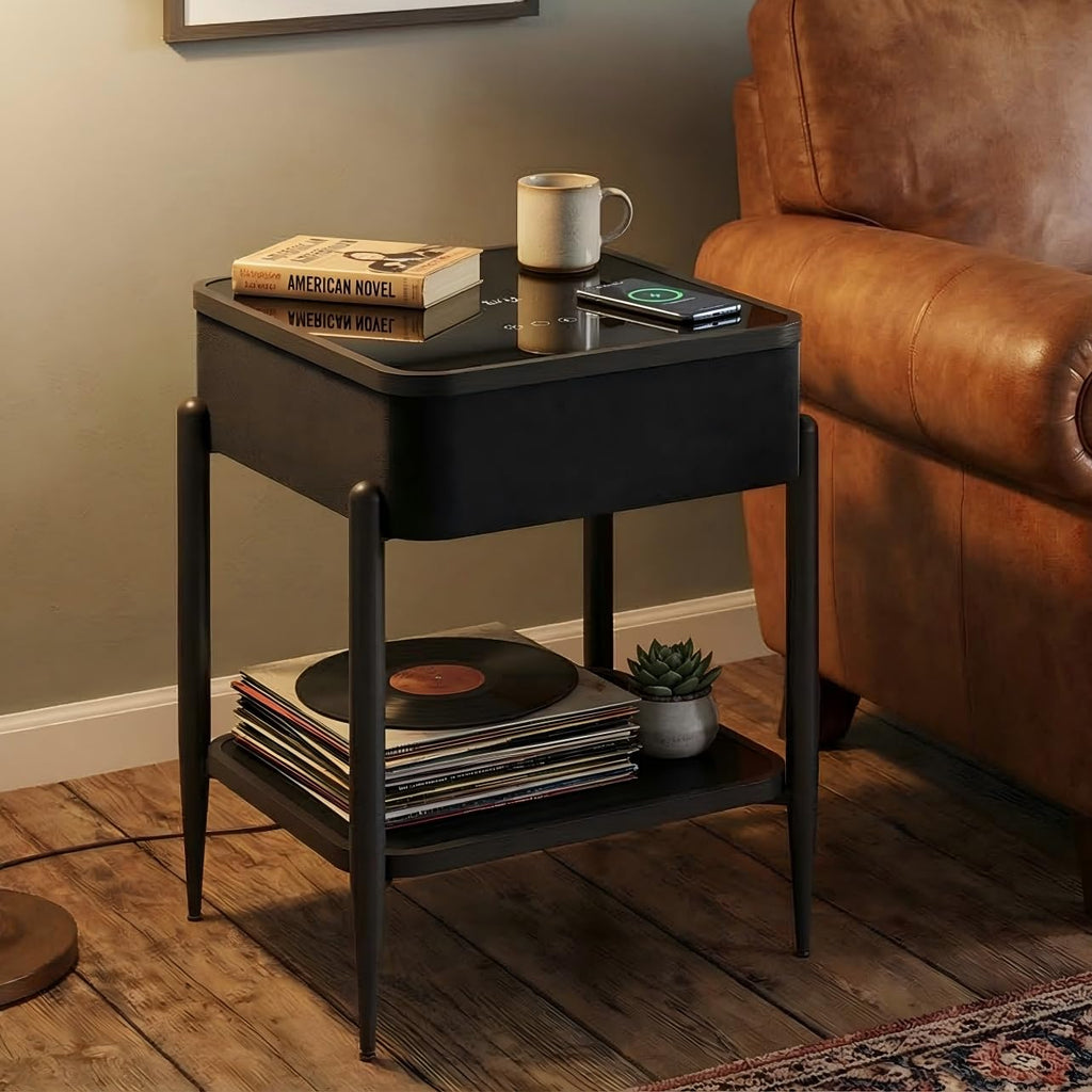 Black LED Smart Nightstand with Bluetooth Speaker & Wireless Charging S562296