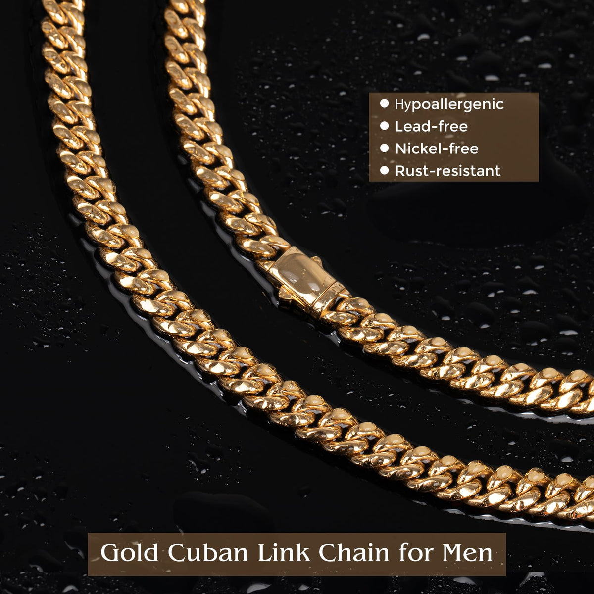 8mm Gold Cuban Link Chain 316L Stainless Steel Necklace T28645