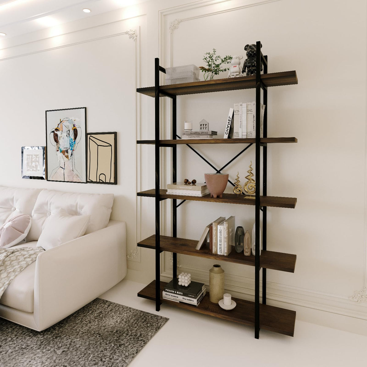 5 Tiers Rustic Brown and Metal Bookshelf H474890
