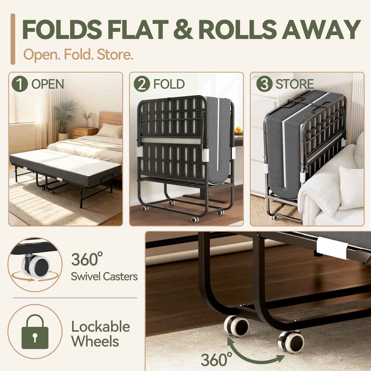75" L x 38" W Folding Bed with Steel Frame and Memory Foam Mattress C964