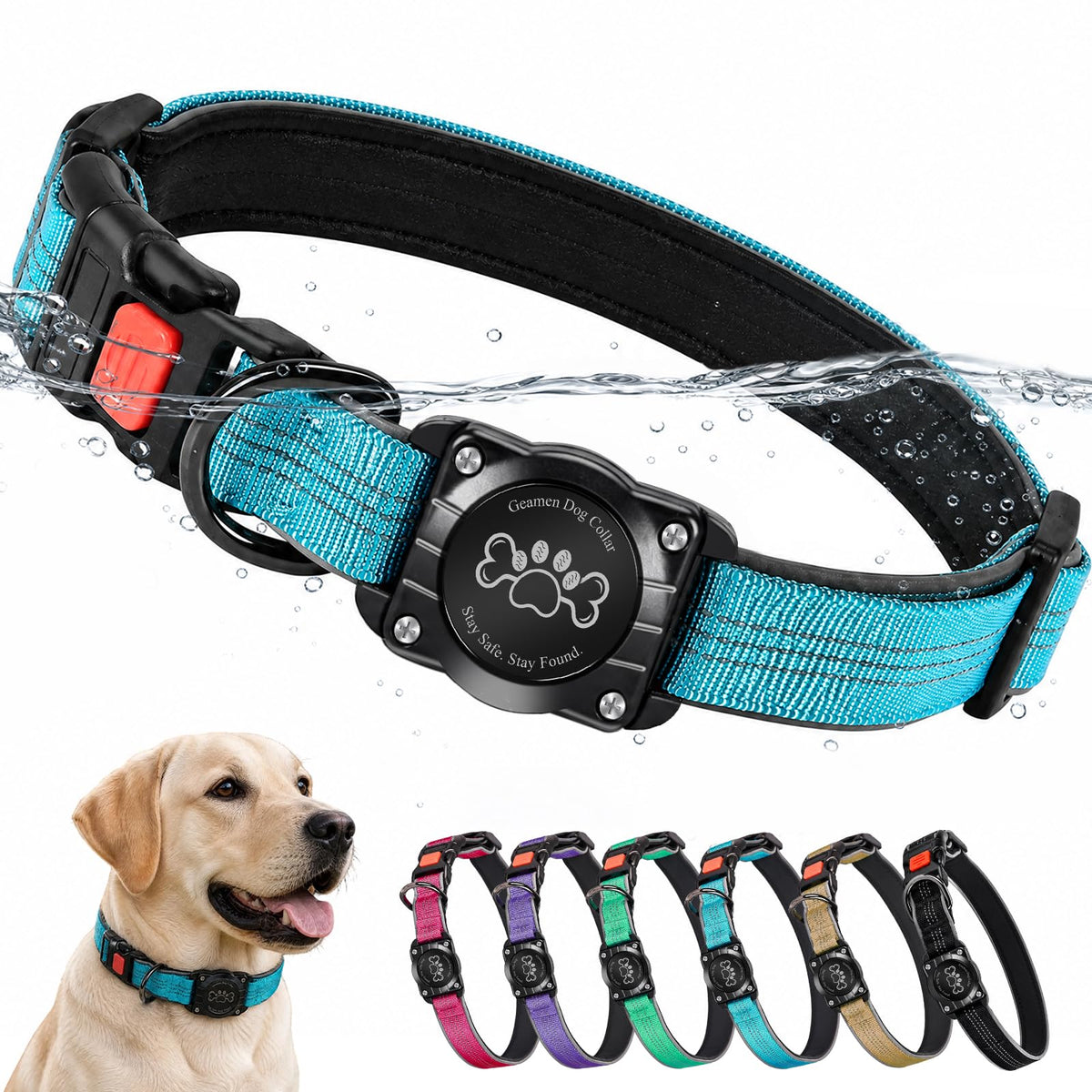 Blue IP68 Waterproof Reflective Dog Collar with AirTag Holder Y184025