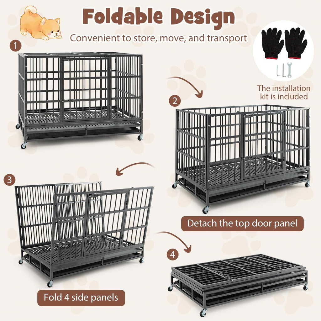 48 Inch Foldable Metal Dog Crate with 2 Lockable Doors I2662