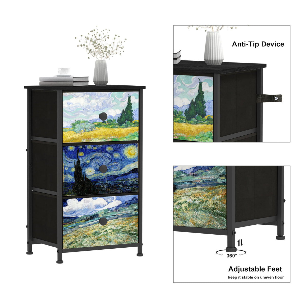 3 Drawer Dresser with Steel Frame Wood Top Y87523