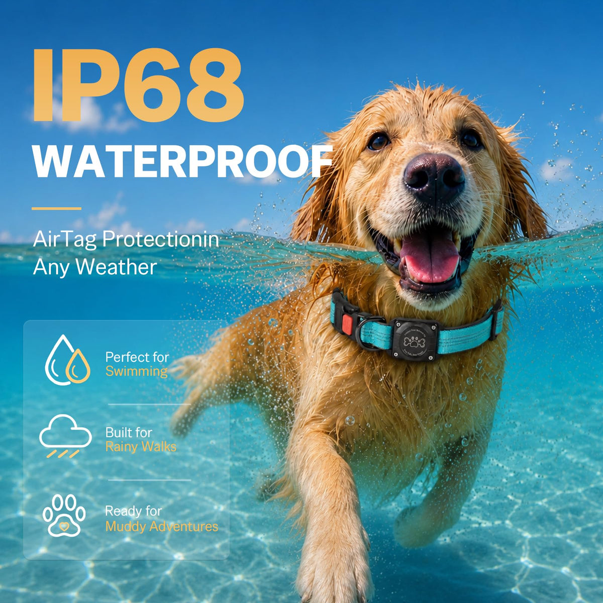 Blue IP68 Waterproof Reflective Dog Collar with AirTag Holder Y184025