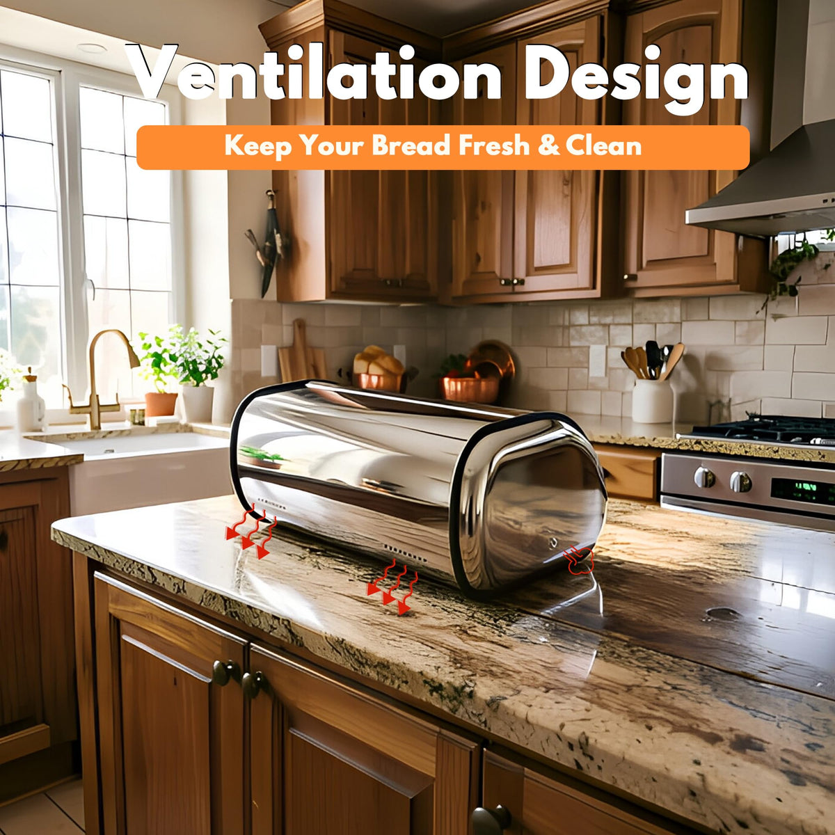 Large Stainless Steel Bread Box with Window & Air Vents C96939