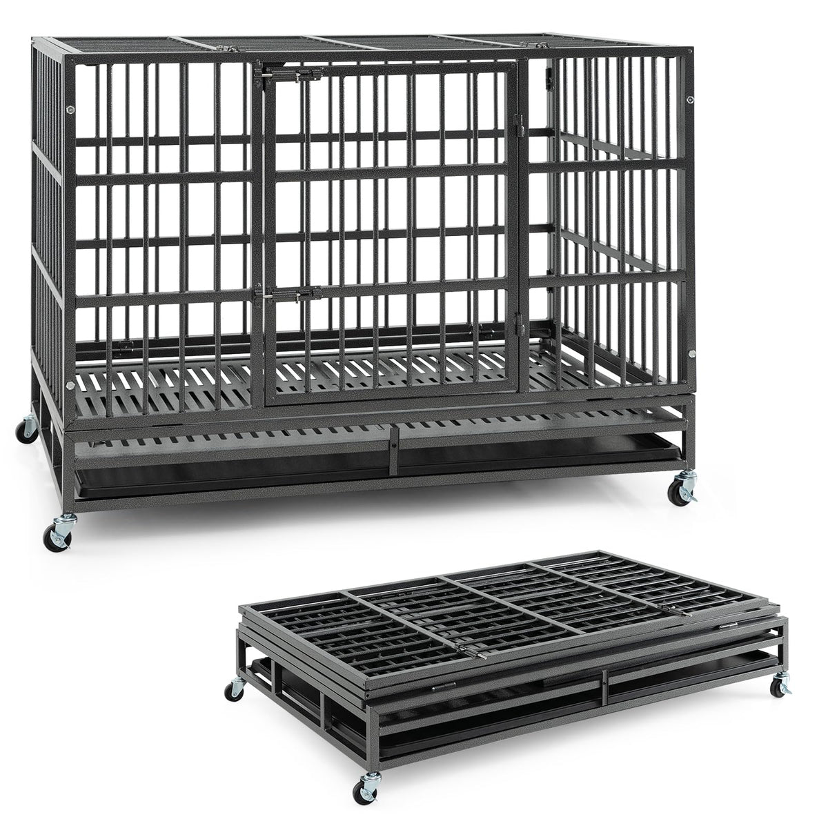 48 Inch Foldable Metal Dog Crate with 2 Lockable Doors I2662