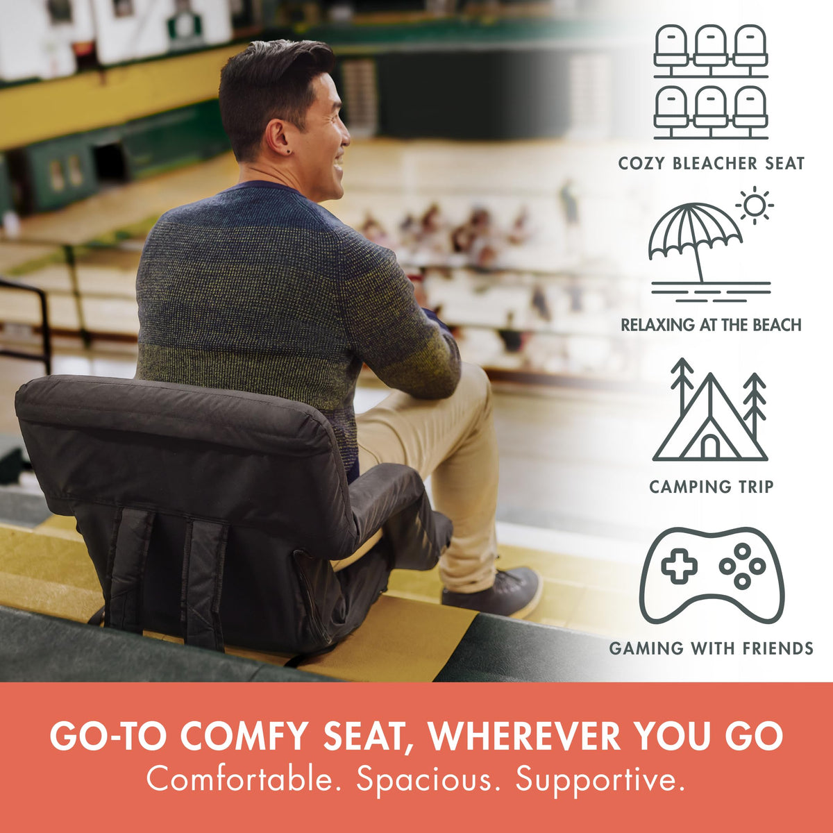 Portable Reclining Folding Stadium Seat with Back Support, Black W2286