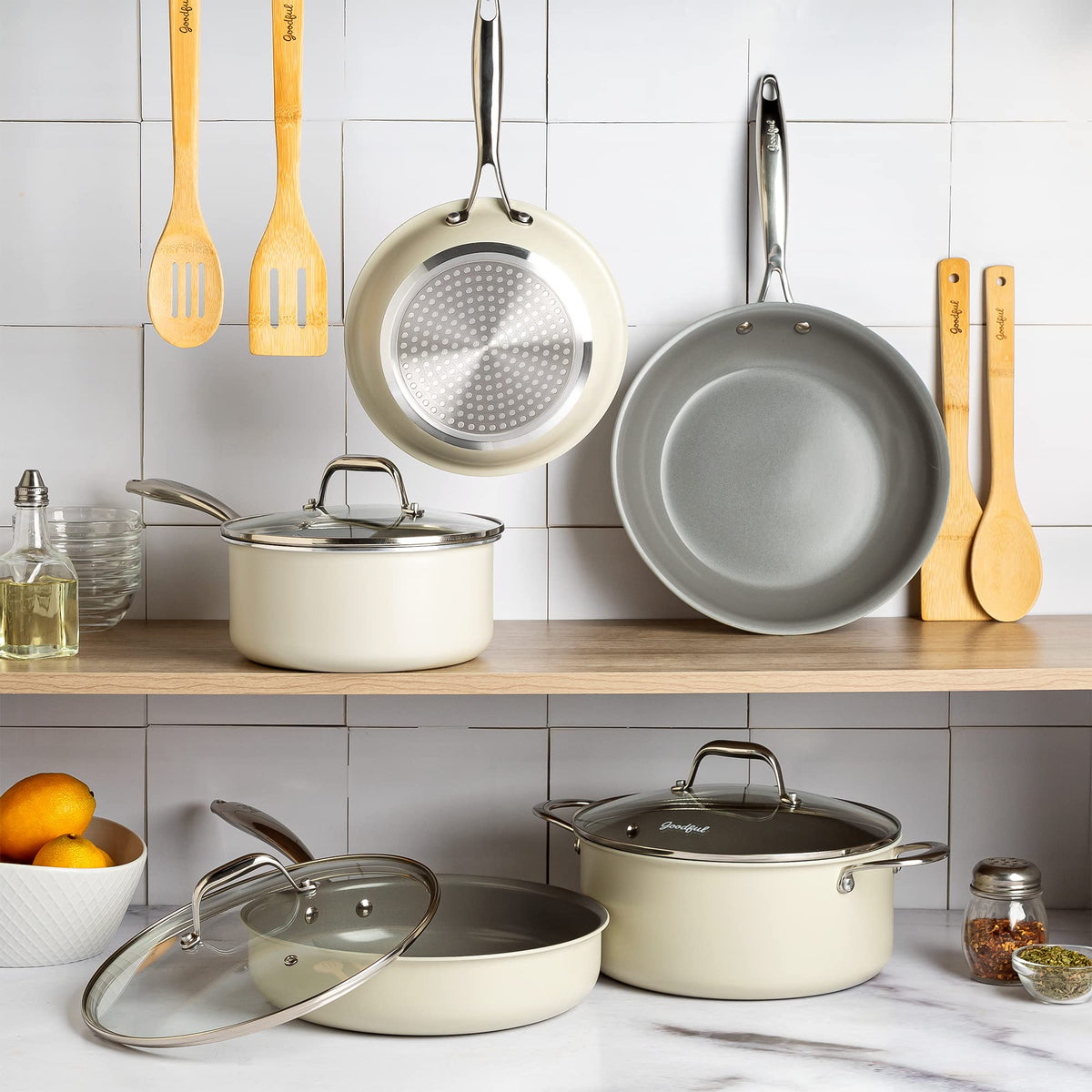 Ceramic Nonstick Pots and Pans Set 12-Piece Cream Q97419