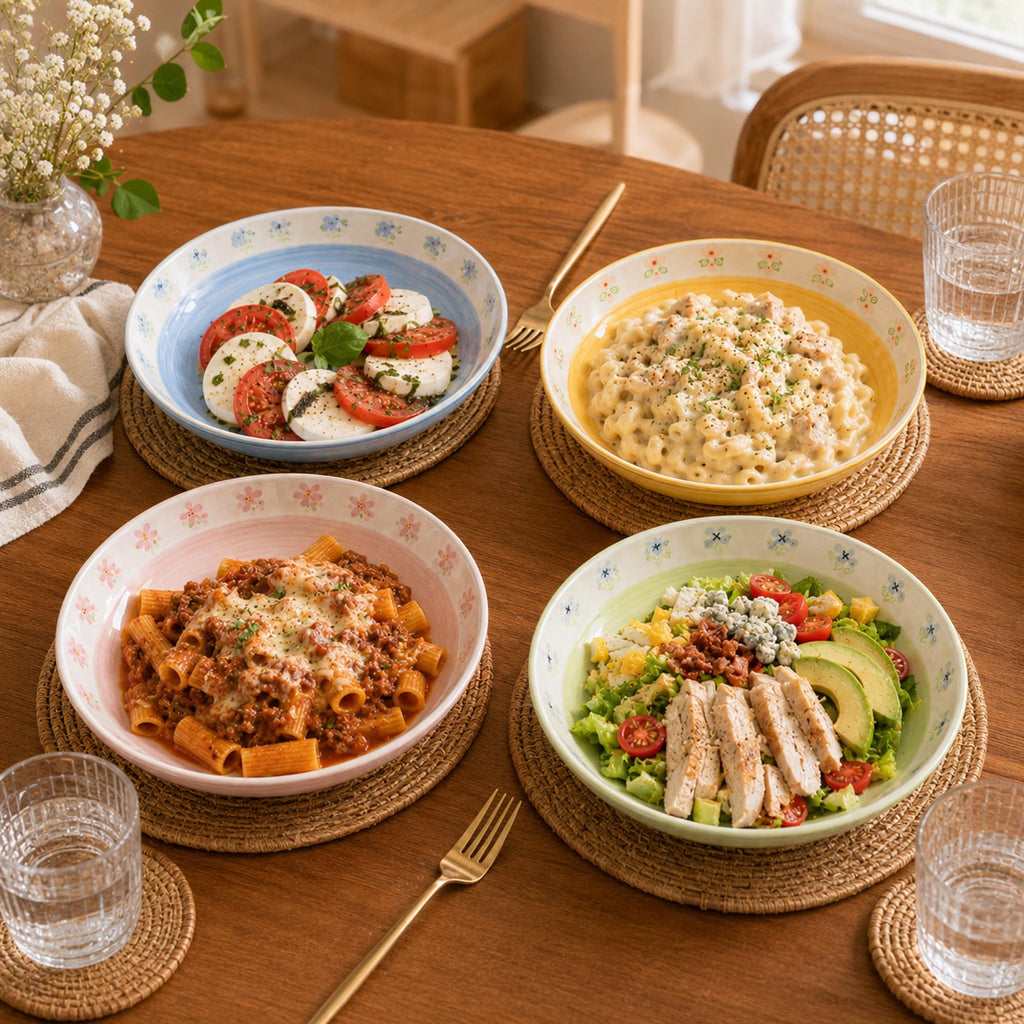 Hand-Painted Floral Ceramic Pasta Bowls Set of 4 A3982