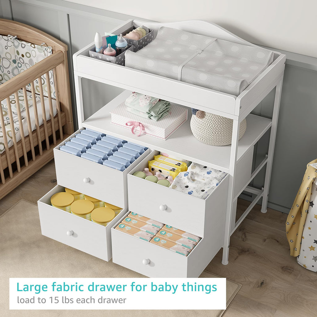 White Changing Table Dresser with 4 Fabric Drawers and Open Shelf X3576