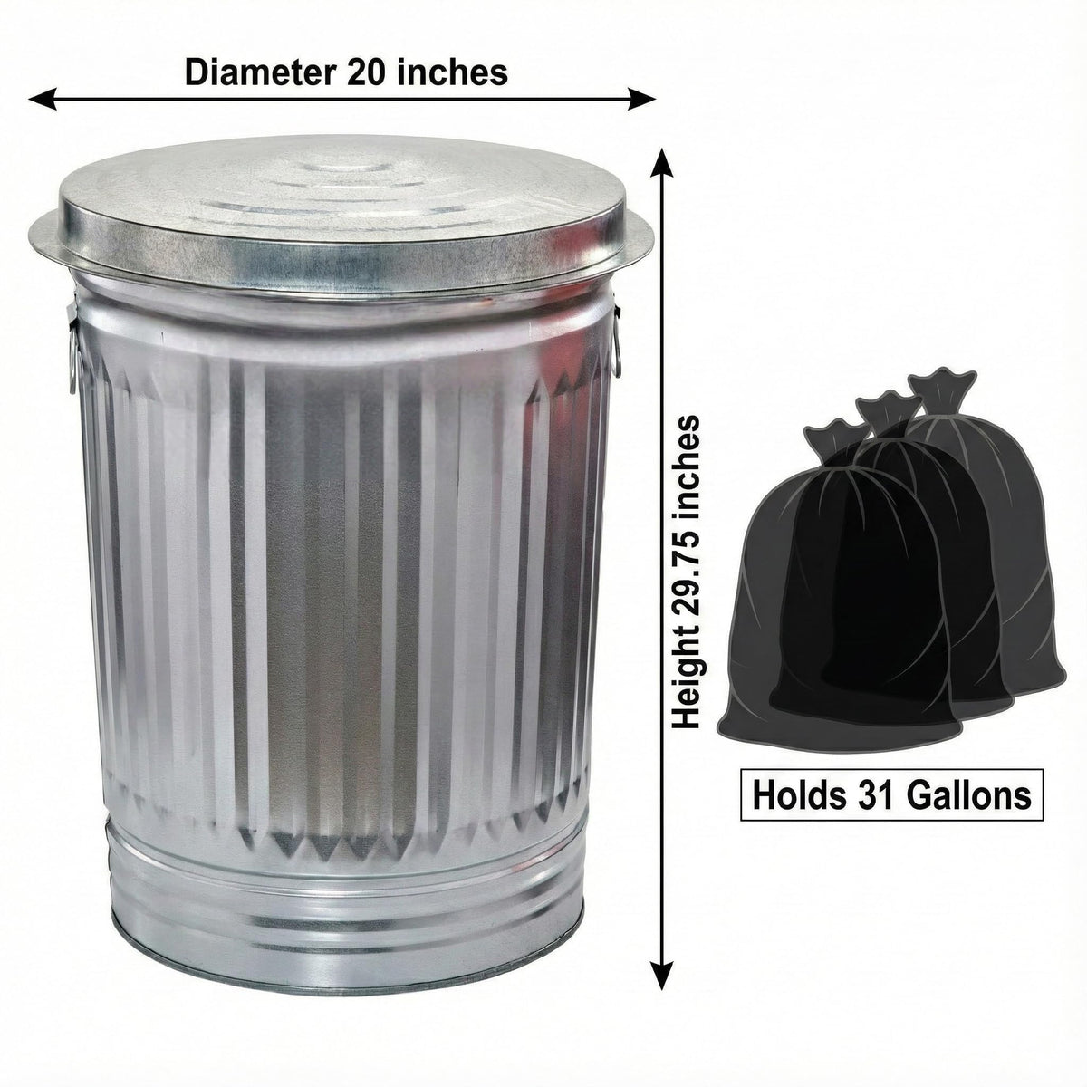 31 Gallon Galvanized Steel Trash Can with Lid D508