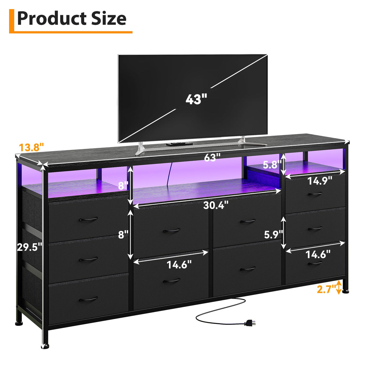 Black Fabric 10 Drawer Dresser Y1708