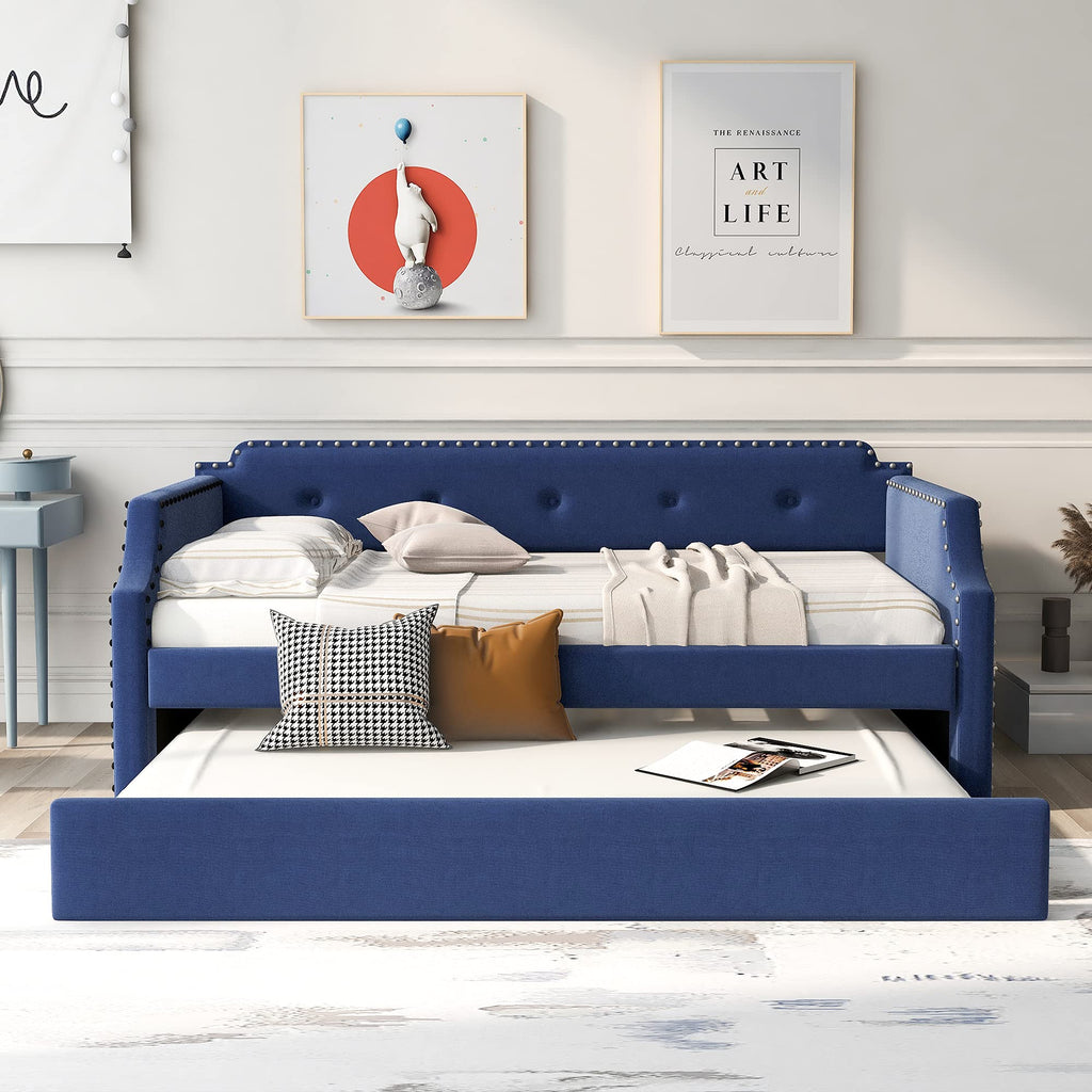 Blue Linen Upholstered Daybed with Trundle Twin Size Z259
