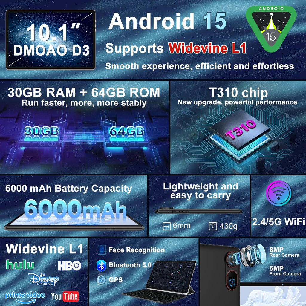 Android 15 Tablet 10.1 Inch FHD 30GB RAM 64GB ROM Black G554