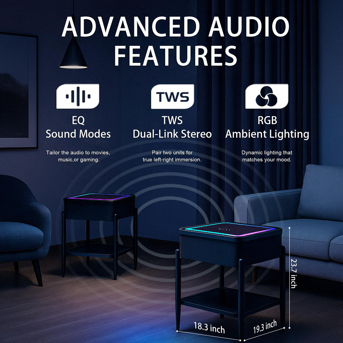 Black LED Smart Nightstand with Bluetooth Speaker & Wireless Charging S562296