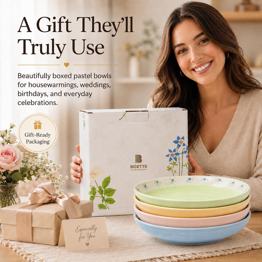 Hand-Painted Floral Ceramic Pasta Bowls Set of 4 A3982