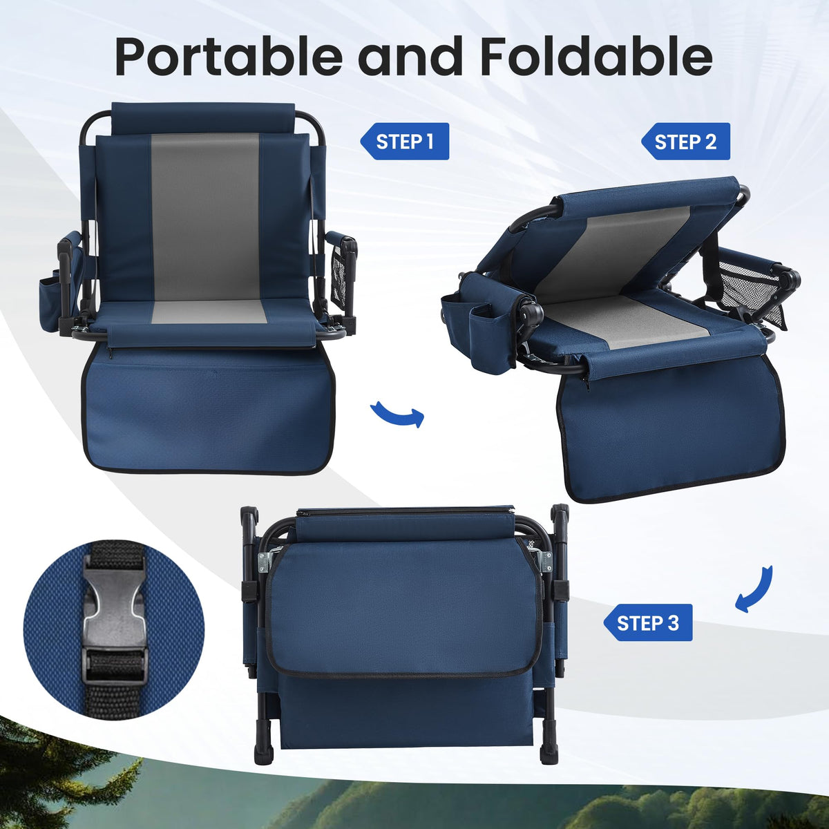 Portable Stadium Seat with Cup Holders & Armrests, Blue & Gray B229
