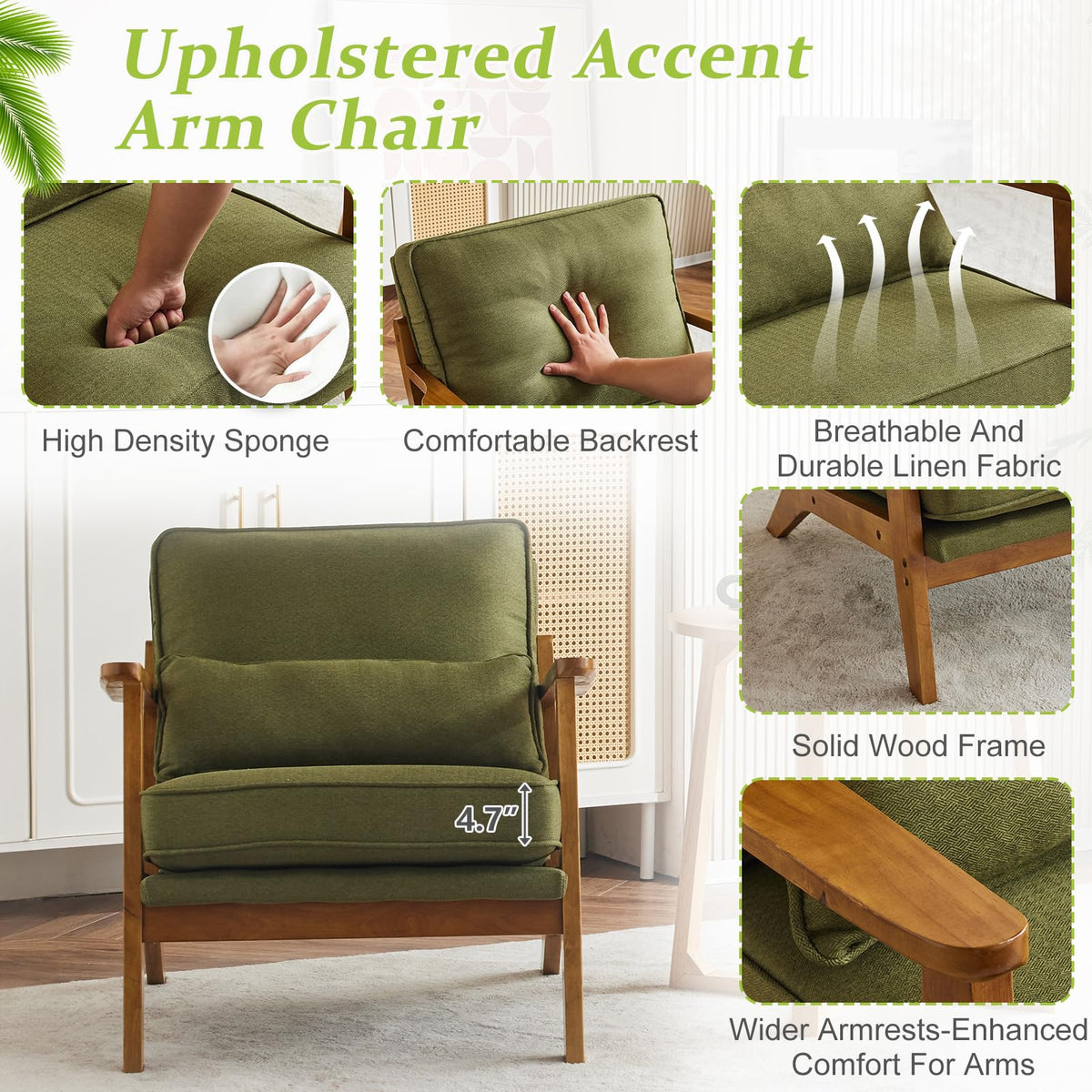Green Linen Fabric Upholstered Accent Chair Set of 2 U61629