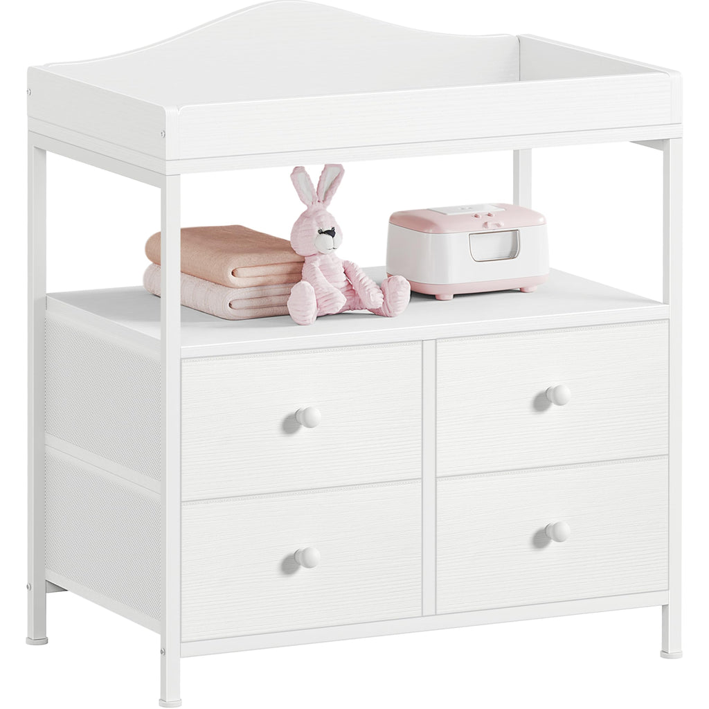White Changing Table Dresser with 4 Fabric Drawers and Open Shelf X3576