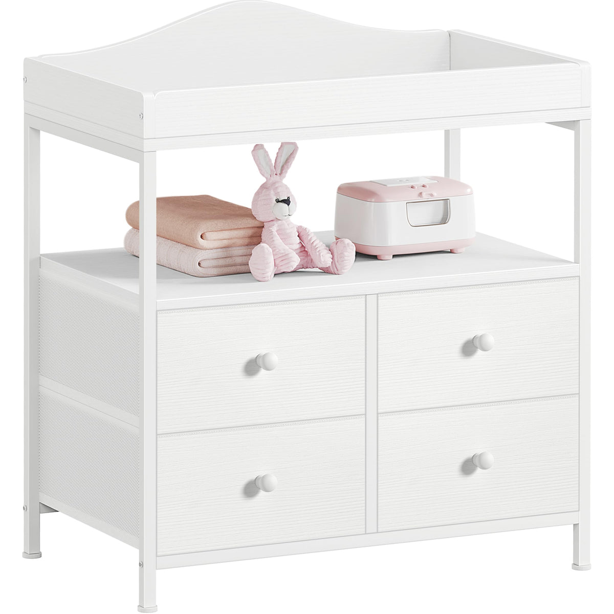 White Changing Table Dresser with 4 Fabric Drawers and Open Shelf X3576