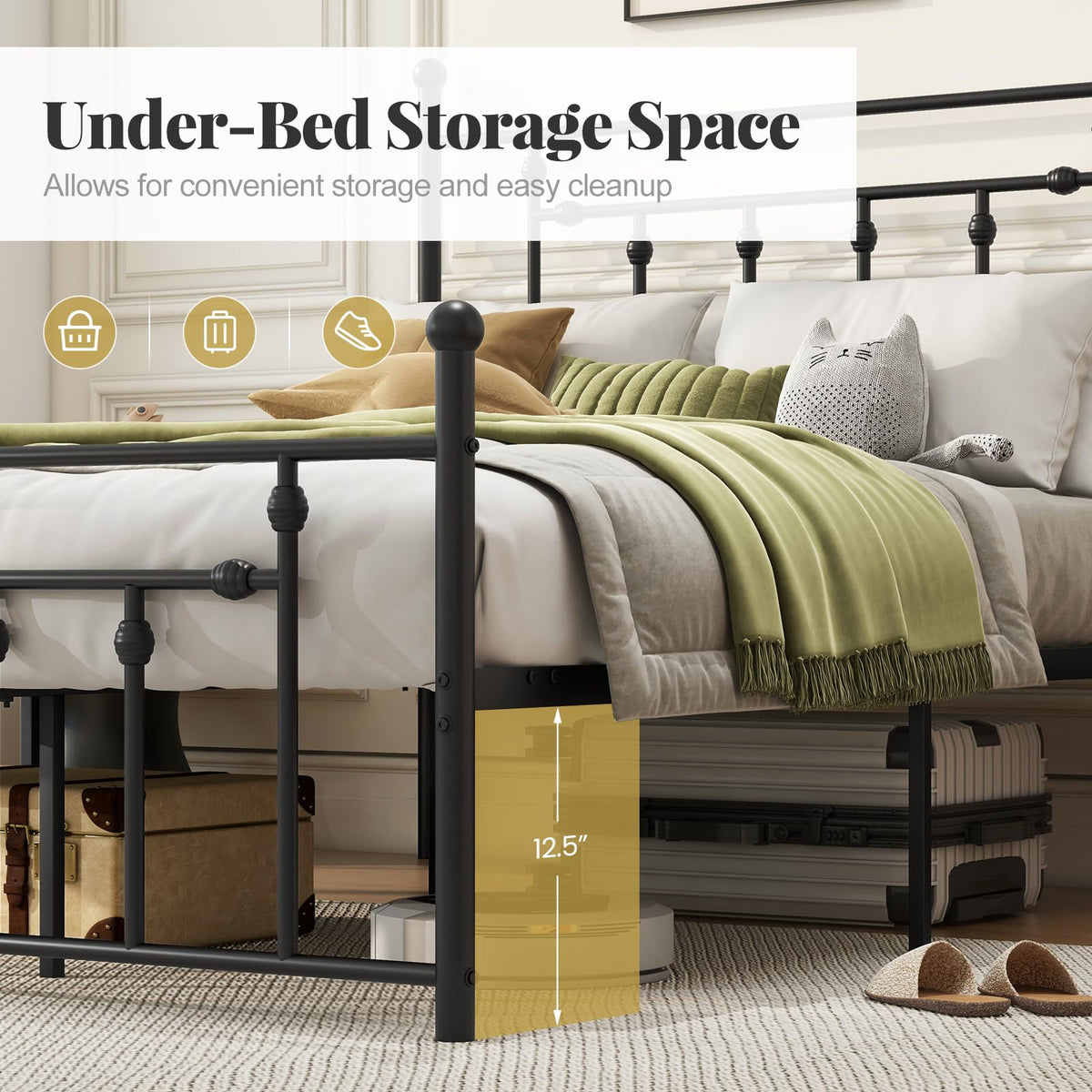 Black Full Size Metal Bed Frame with Headboard & Footboard P1784