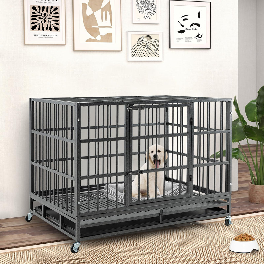 48 Inch Foldable Metal Dog Crate with 2 Lockable Doors I2662