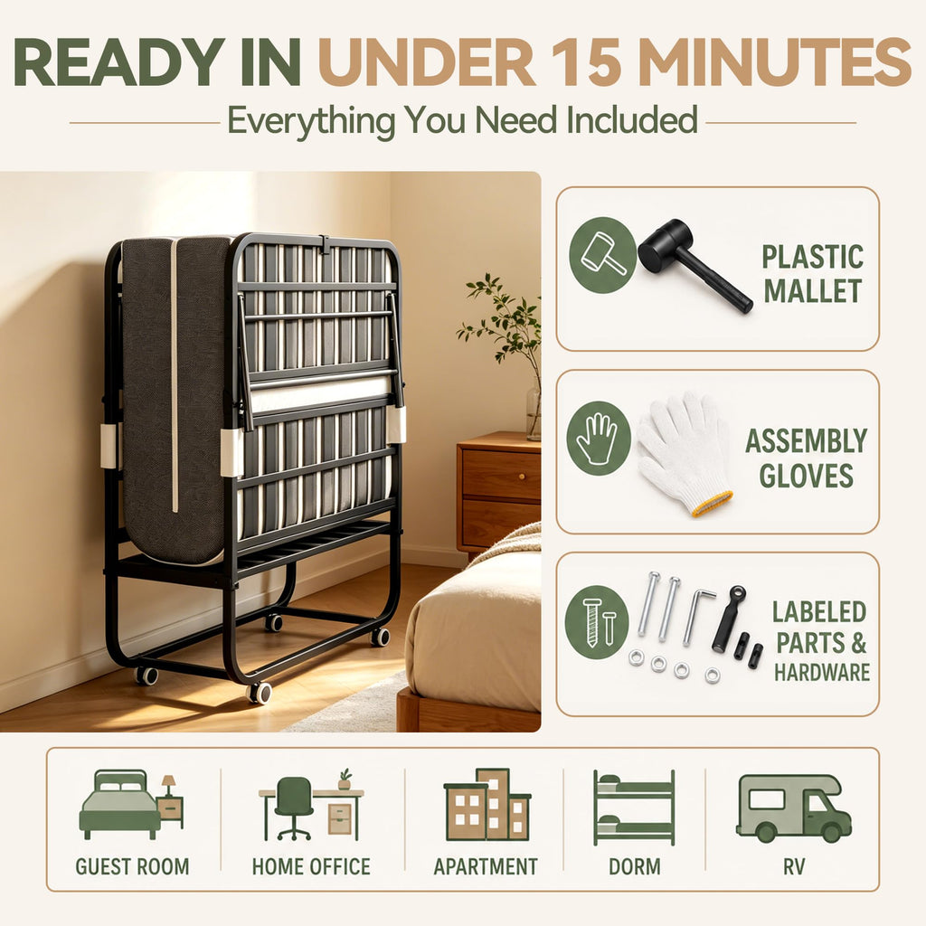75" L x 38" W Folding Bed with Steel Frame and Memory Foam Mattress C964